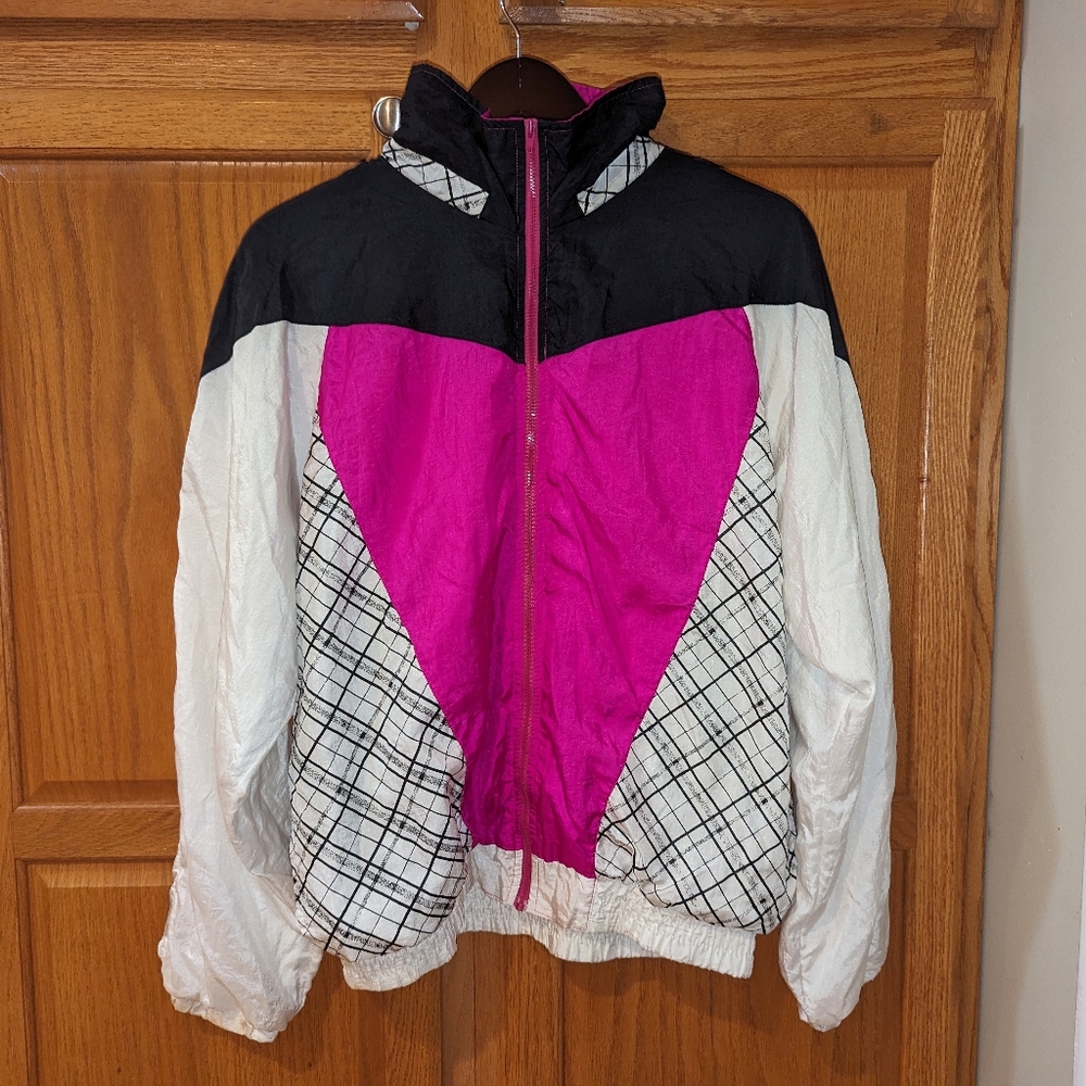 Vintage 80s Winning Ways 80s Pink Black White Windbreaker Women size L Thin Trac